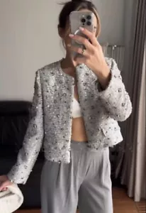 NEW ZARA ZW COLLECTION SEQUIN JACKET SILVER 2885/152 SIZE M BNWT - Picture 1 of 24