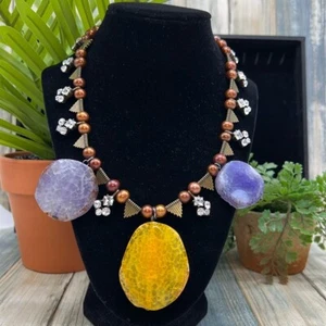 Corona Adornada Joyería Conjunto Perla Ágata Rebanada Cristal Espiga Collar - Imagen 1 de 10