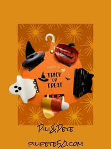 Piper K Set of 5 Mid-Size Halloween Hair Claw Clips Ghost Pumpkin Hat Cat TRICK - Picture 1 of 6