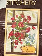 Vintage Sunset Stitchery Embroidery Kit CAT AND PETUNIAS #362 Flowers Fits 5X7”