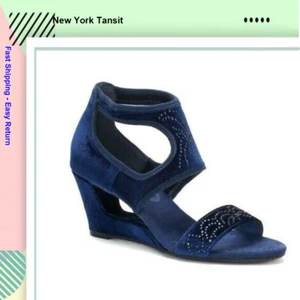 New York Transit Natural Pretty Wedge Sandals Navy Size 7.5 W - Picture 1 of 5