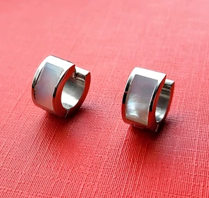 1 Paar Edelstahl Scharnier Creolen Ohrringe silber Klappcreolen Muschel Perlmutt - Bild 1 von 4