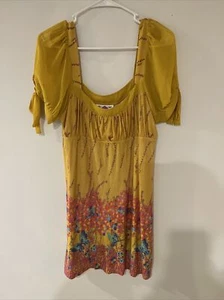 Free People Tunic Shirt Dress L  Floral  Boho Butterfly Mustard Blouse 0080 - Picture 1 of 9