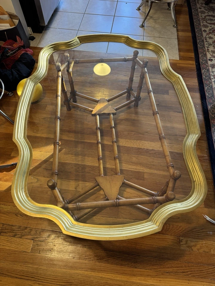 Regency Style  Brass Frame Glass Top Coffee Table Faux Bamboo Base - Image 1 of 4