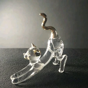 Art Glass Cat Figurine Clear Hand Blown Stretch Pose Gold Accents Miniature - Picture 1 of 8