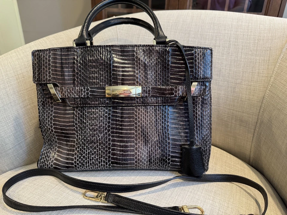 Calvin Klein Purse Handbag Bag Croc Embossed Brown Black Gray - Image 1 of 4