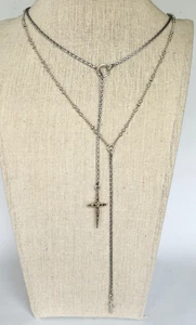 Lucky Brand Lariat Chain Necklace Cross Pendant silver tone - Picture 1 of 5