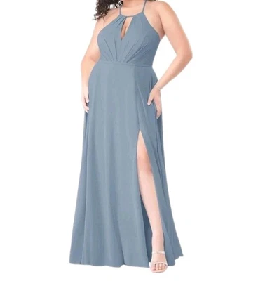 NWT Azazie Evalleen A-line Pleated Chiffon Bridesmaid Dress in Dusty Blue 14 - Image 1 of 4