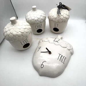 Rae Dunn Eichel Vogelhaus Trio & Wanduhr Live, Chirp, Fly, Baum 4er Set mit Bogen - Bild 1 von 6