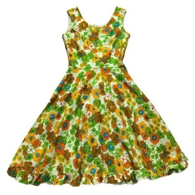 Vestido Midi De Colección Años 60 Jan Sue California Naranja Estampado Amapola Verde Mod S Foto 1 de 4
