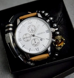 Mens Geneva Alloy Quartz Watch Set White Dial Light Brown Leather Band Classic - Picture 1 of 9