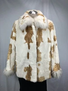 UNIQUE NATURAL GOLD MERLE FRENCH REX FUR LADY JACKET W/ FOX FUR TRIM FREE SHIPG - Picture 1 of 9