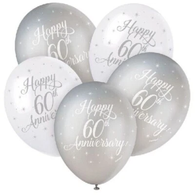 60th Wedding Anniversary Balloons Diamond Wedding Party Decoration Silver White - Image 1 of 2