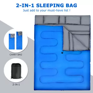 Double Sleeping Bag 4 Seasons Lightweight Camping Bag w/2 Pillows & Carrying Bag - Picture 1 of 10