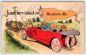 BANDERÍN ANTIGUO DE 1916 RECIÉN LLEGADO BRADFORD MAINE GRANJERO TIRA COCHE ANTIGUO POSTAL - Imagen 1 de 2