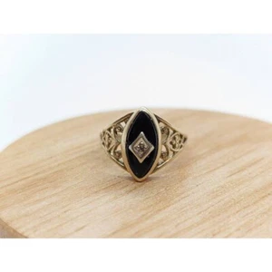 10k ONYX und Diamantring. Marquise Onyx Lünettenset viktorianischer Trauerring. st(8) - Bild 1 von 7