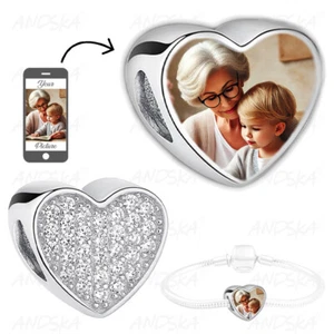 Personalised Photo Charm Sterling Silver ZIRCONS heart fit snake bracelets Cust - Picture 1 of 14