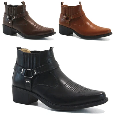 MENS WESTERN COWBOY RIDING ANKLE BOOTS  CUBAN HEEL SLIP ON HARNESS BIKER SHOES  - Image 1 of 4