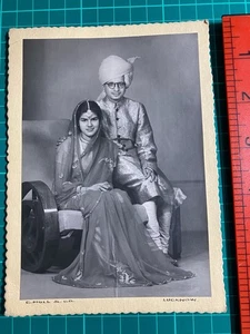 Wealthy Indian Couple Full Dress Art Deco Chair Lucknow Studio Photograph Card - Picture 1 of 4