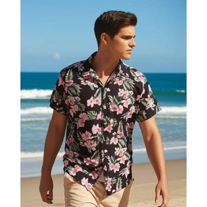 Free Planet Herren Button Down Blumen Hemd Gr. Medium Blau Rosa Hawaii Baumwolle - Bild 1 von 7