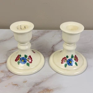 Vintage 80er creme Keramik 2 Kerzenständer handbemalt florales Design Cottagecore - Bild 1 von 6