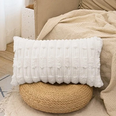 Funda de almohada lumbar de piel sintética 12 x 24 pulgadas, funda de almohada crema de lujo... Foto 1 de 4