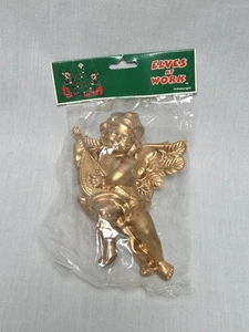VTG Elves At Work Plastic Gold Cherub 6.5” Ornament NIP - Picture 1 of 2