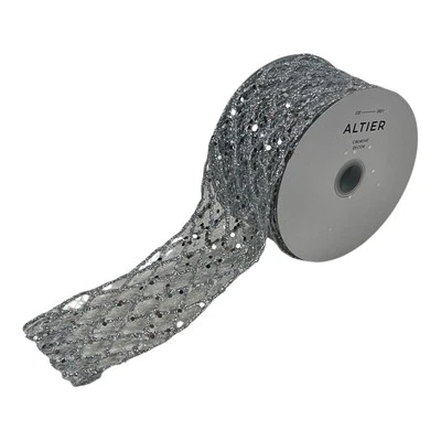 ALTIER 2.5 Inch x 10 Yards Silver Mesh Glitter Wired Ribbon Christmas Home Decor - Image 1 of 4