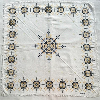 Bandana Vintage White Cotton Aztec Geometric Navy Yellow Pattern Handkerchief 20 - Image 1 of 3