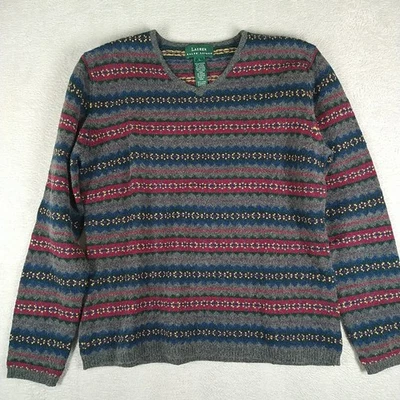 复古 Lauren Ralph Lauren 毛衣女式大号羊羔毛安哥拉混纺条纹 — 第 1/4 张图片