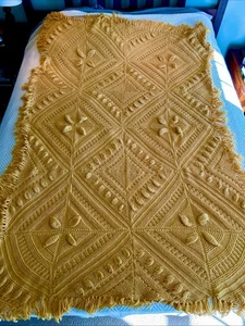 Vintage Handmade Crochet Afghan Throw Blanket Gold Diamond 44” X 76” - Picture 1 of 3