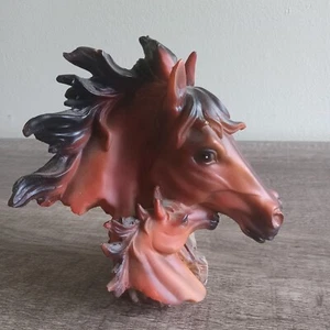 6" Tall Resin Horse Mare And Foal Mustang Head Sculpture Figure Statue Brown  - Picture 1 of 5