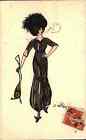 Mode glamour femme française fumeur cigarette grand chapeau sac à main carte postale