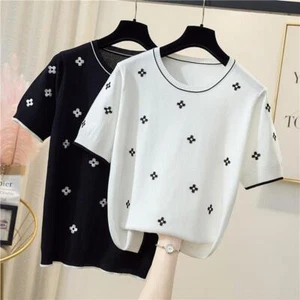 Cotton T-shirt Women 2024 Summer New O-neck Pullover Flower Knitwear Oversized C - Picture 1 of 22