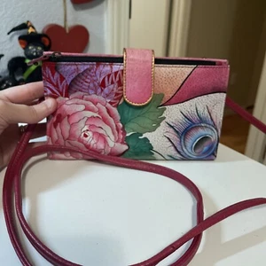 anuschka rosie reverie pink rose feather wos wallet clutch crossbody - Picture 1 of 10