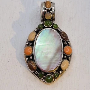 Signed 925 Thai CFJ Sterling Silver Natural Abalone & Multi-Gemstone Pendant - Picture 1 of 6
