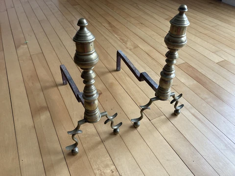 Antique 18th C 1830s Brass Andiron Pair early American Urn Fireplace Hearth Cover