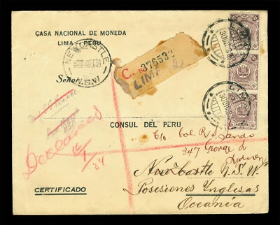 PERU 1934 OFFICIAL REGISTERED MAIL cover w/ Sc# O31x3 to AUSTRALIA NSW readdress - Image 1 of 2