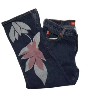 Vintage Guess Denim Jeans Wide Leg Sz 29 Women's 90's High Waist Painted Floral - Picture 1 of 9