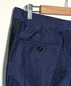 SUITSUPPLY Verona Mens Deep Blue Linen Wool Tuxedo Pants Satin Stripe Size 32x33 - Picture 1 of 8