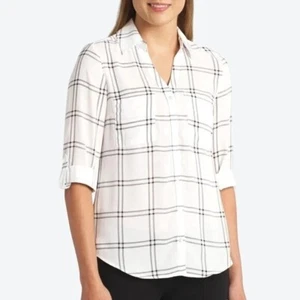 FORTUNE + IVY Christelle White & Black Plaid Button Down Blouse 3/4 Sleeve XL - Picture 1 of 18