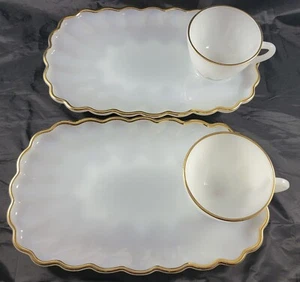 Vintage Anchor Hocking Milch Weiß Teller & Tassen Klassisch Snack Set 22K Goldrand - Bild 1 von 15