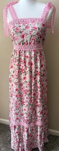 NWOT Women's Tiered Pink Floral Maxi Dress Large Lace Tied Straps Cottage Tea - Picture 1 of 6