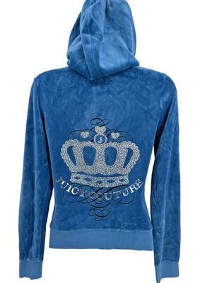 Juicy Couture Y2K Blue Velour Track Jacket Sparkle Silver Crown Womens Sz Small Foto 1 de 4