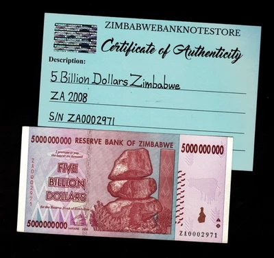 Billete de repuesto de 5.000 millones de dólares de Zimbabue 2008 certificado de autenticidad auténtico ZA0002971 Foto 1 de 3