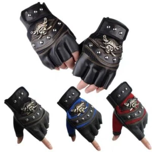 Punk Short Leather Gloves Half Finger Fingerless Dance Motorcycle Gloves; - Picture 1 of 15