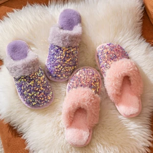 Damen Kunstfell Slipper Hausschuhe Fleece gefüttert flach Pailletten Winter warm - Bild 1 von 16