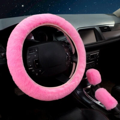 3Pcs-Set Car Steering Wheel Cover Soft Plush Pink Furry Fluffy Winter Accessory - Image 1 of 4