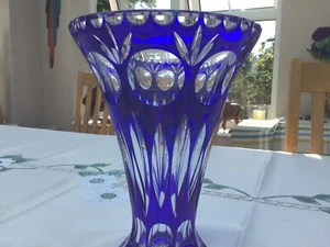 Sapphire Anniversary Early 20th C Clear AndBlue Crystal Trumpet Shaped Vase - Picture 1 of 12