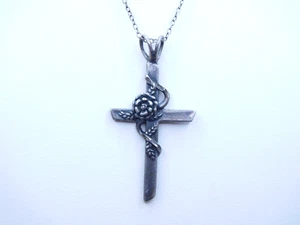 Vintage MOP OTT Rose Floral Kreuz 925 Sterling Silber Anhänger an Kette Halskette - Bild 1 von 5